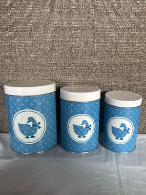 Vintage Tin Canister Set Of 3 Kitchen Containers Nesting Blue Goose Cottagecore